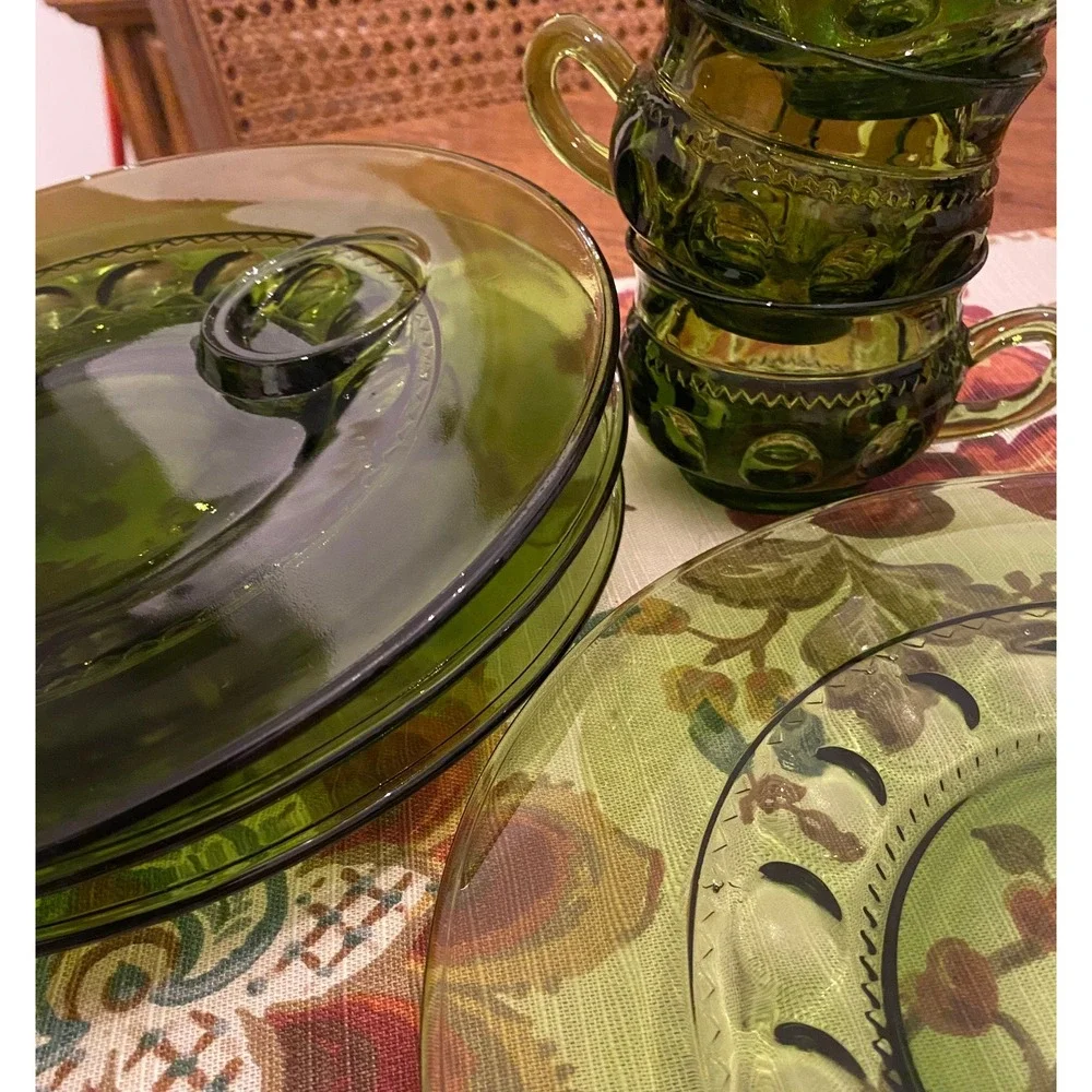 Set-of-2‎ Vintage Green Indiana Glass Kings Crown Thumbprint 8 1/2